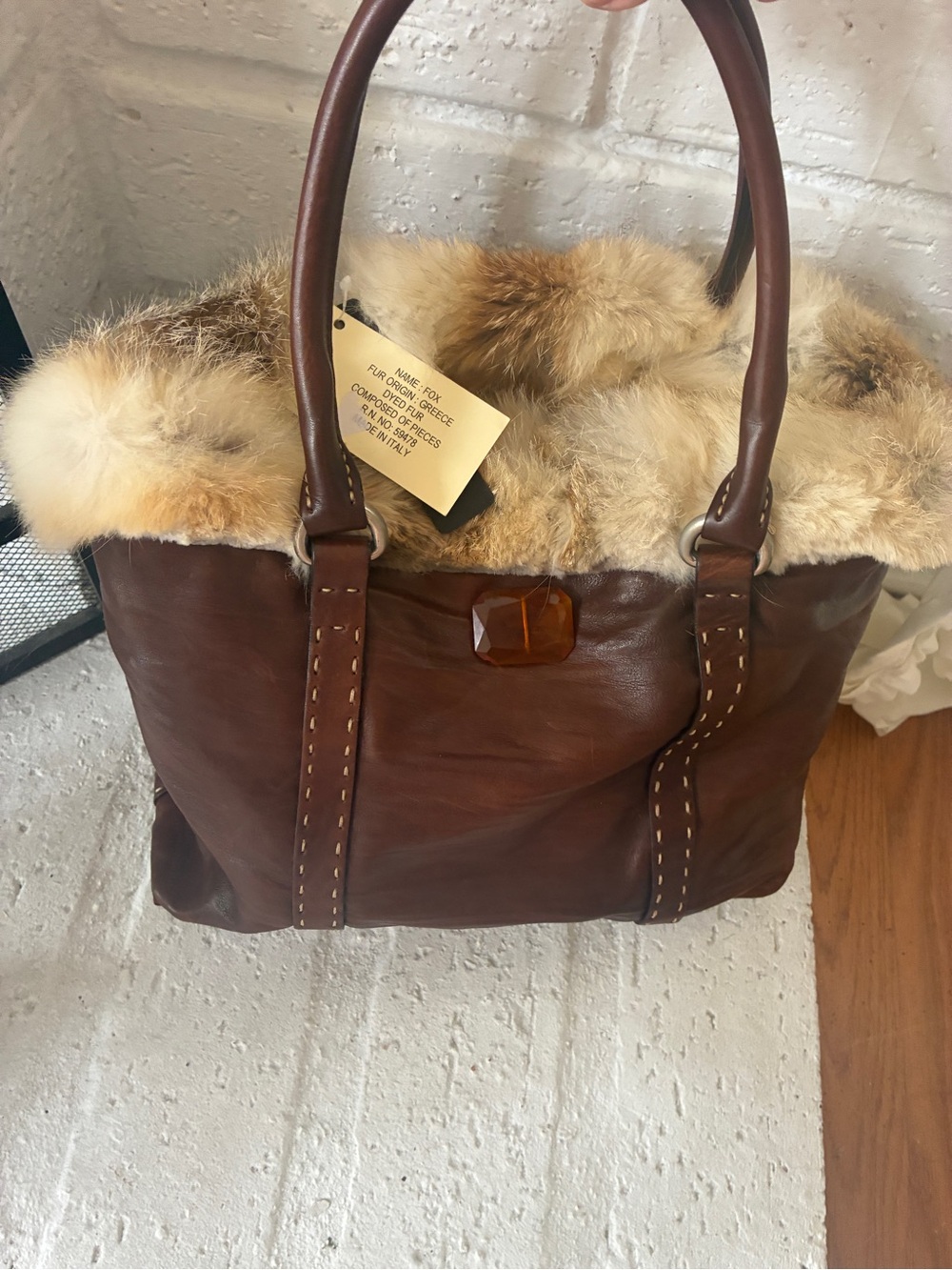 NWT Falor Handbag Genuine Leather Fox fur Greece Italy
